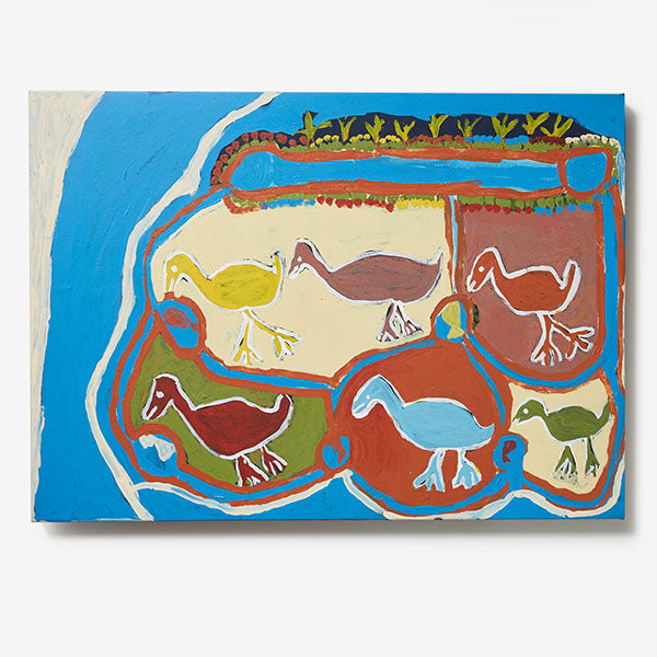 Six Birds and Waterhole Painting - Ruth Lularriwuy (93cm x 66cm)