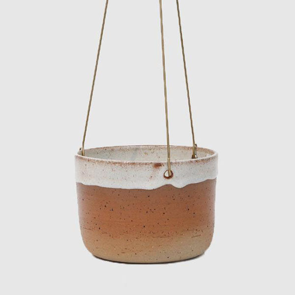 Stoneware Hanging Planter - Brass Basket - Desert