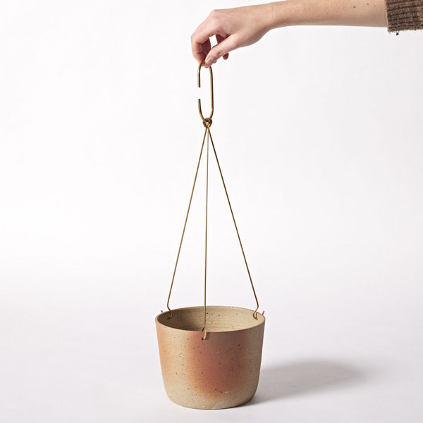 Stoneware Hanging Planter - Brass Basket - Sand